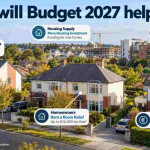 AI-generated Photorealistic Irish suburban houses and apartments with Budget 2027 information panels highlighting Help to Buy, Rent a Room Relief, renter tax credits and housing investment.